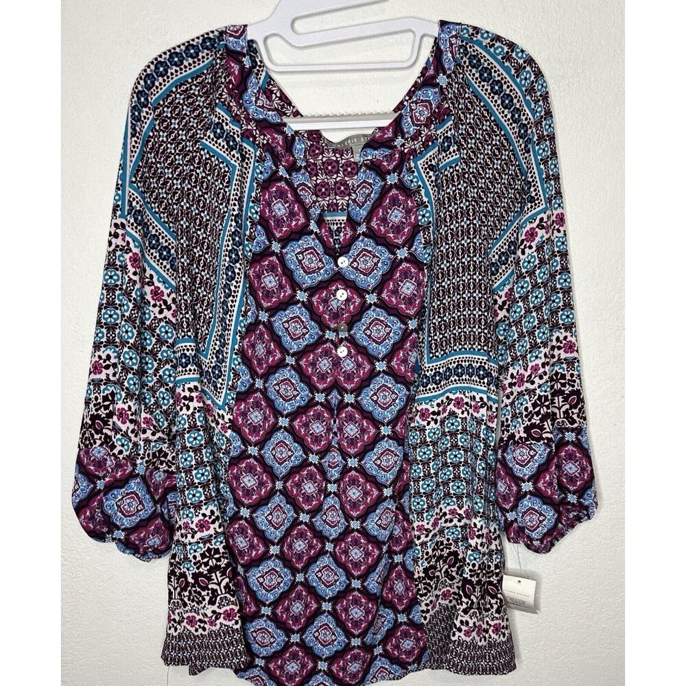 Valerie Stevens Purple Plum Geometric Long Sleeve Blouse Shirt Size XL